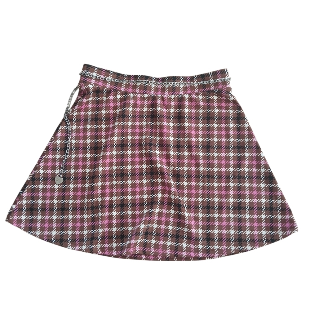 Plaid Circle Skirt with Chain Accent in Pink and Brown Preppy Academia - Picture 7 of 12